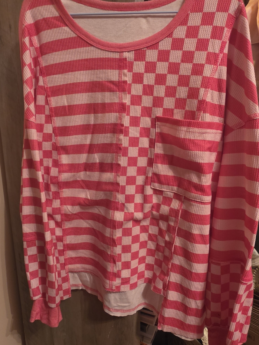 Pink & White Mixed Stripe Patchwork Checker Pocket Long-Sleeve Tee